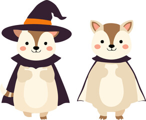 Cute Halloween Animals in Costume - Cartoon Style