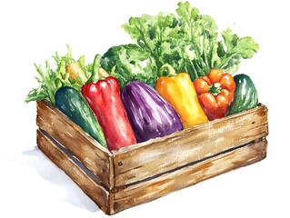 Fresh Organic Vegetables in Wooden Crate Watercolor Painting
