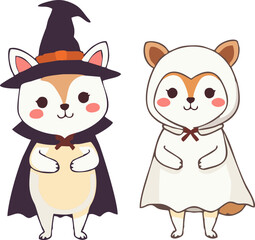 Cute Halloween Animals in Costume - Cartoon Style