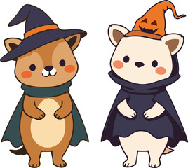 Cute Halloween Animals in Costume - Cartoon Style