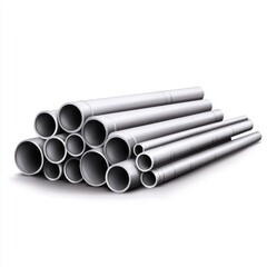 Collection of Grey Plastic Pipes in Various Sizes Stacked Together for Construction or Industrial Use