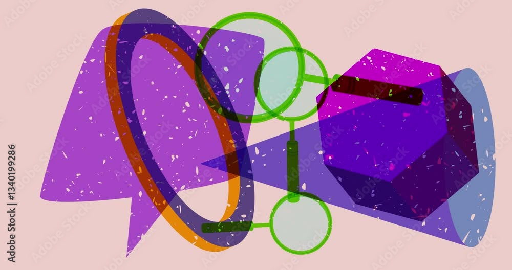 Poster risograph magnifying glass and speech bubble with geometric shapes animation. moving object in trend