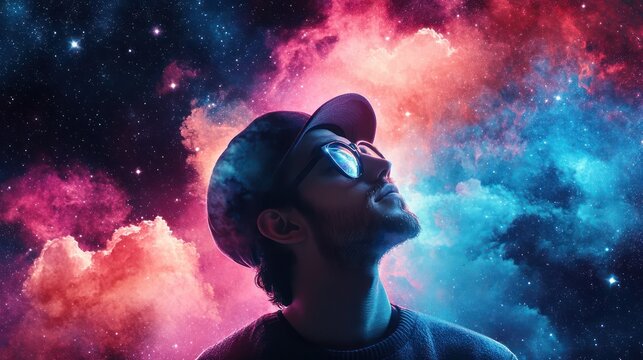 Vibrant cosmic watercolor illustration featuring a galaxy in shades of pink and blue, with shimmering stars and a dreamy space backdrop.