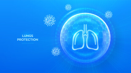 Lungs care. Virus protection. Antiviral protection of the lungs. Human respiratory system anatomy lungs organ icon inside protection sphere shield with hexagon pattern. Virus cell. Vector illustration