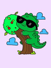 Cool Dinosaur Hanging on a Tree with Sunglasses – Cute Cartoon Illustration digital drawing 