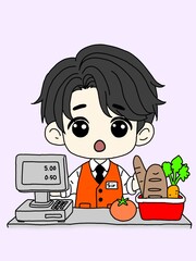 Cute Cashier Boy at Supermarket Checkout – Chibi Cartoon Illustration digital drawing 
