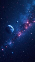 Glowing stars and planets against a deep blue-black space backdrop, galaxy cluster, star system, stars