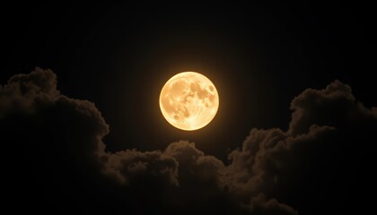 Bright full moon shining through fluffy clouds in a dark night sky, night sky, peaceful