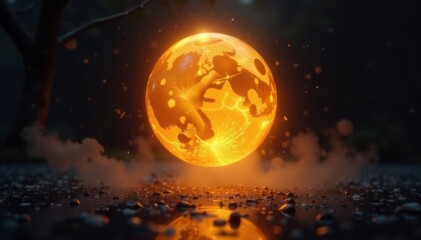 Glowing golden orb suspended in mid-air, casting a mystical glow on a darkened environment, halo effect, ethereal illumination, celestial radiance