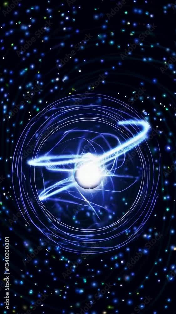 Poster celestial light orb surrounded by dynamic swirling patterns in deep space