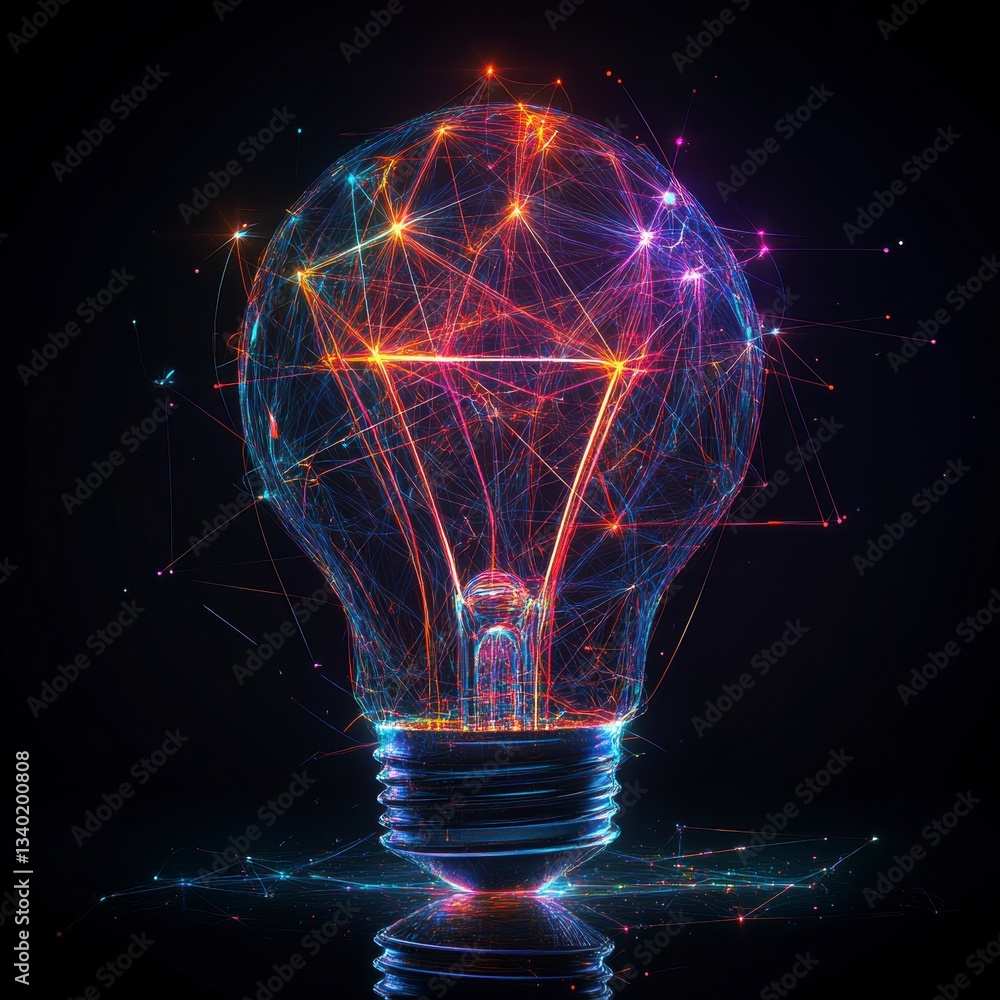Aufkleber abstract glowing lightbulb composed of colorful particles on a dark background. the lightbulb is det