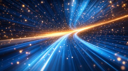 Obraz premium Abstract digital art depicting a glowing, curved path of light streaking across a dark background speckled with bright particles. The colors are predominantly blue, white, and gold.