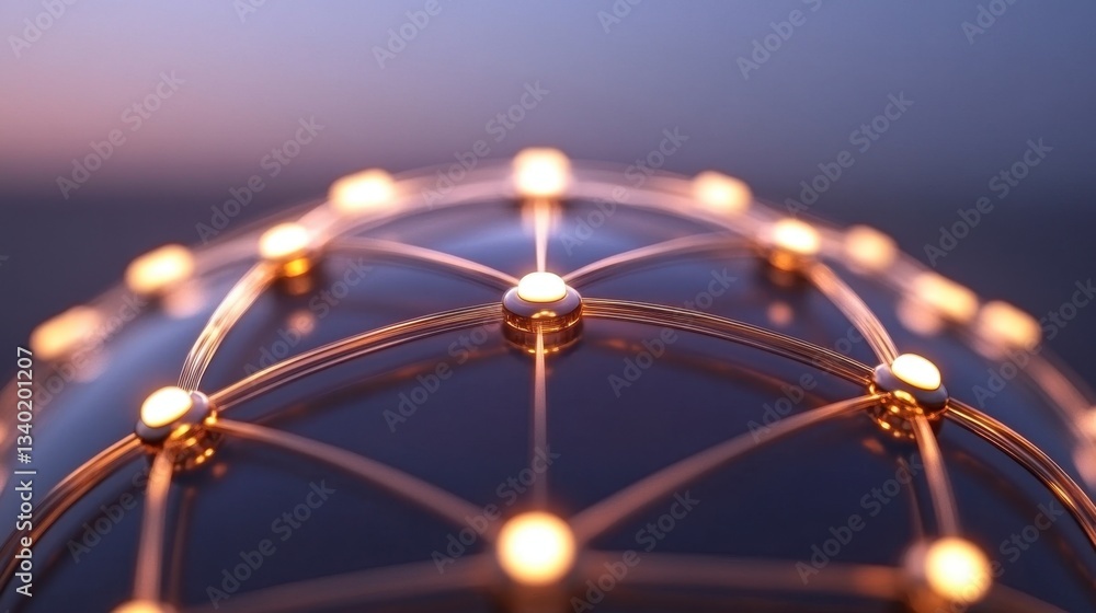 Poster abstract close up of a dark sphere with interconnected glowing nodes and metallic chains, creating a