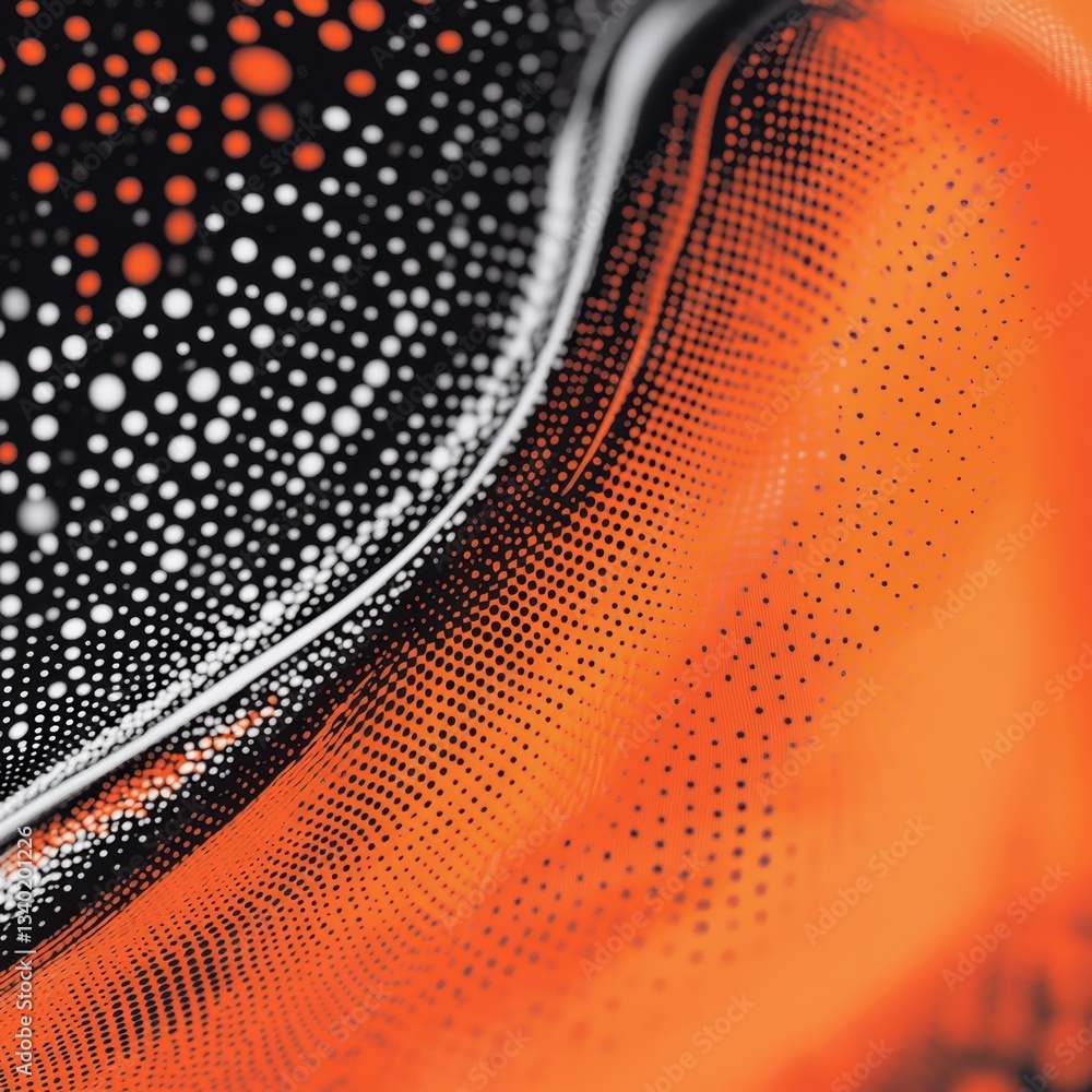Poster abstract background with orange, black, and white dotted textures. the dots form swirling patterns a