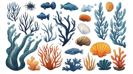 Underwater marine life graphic elements. Various colorful corals, seaweeds, shells, and fish