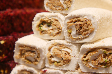 Traditional turkish delight in a market 