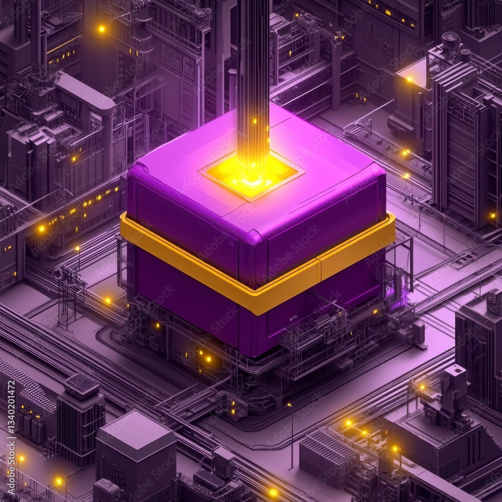 Poster abstract 3d rendering of a purple cube with a glowing yellow core, situated within a complex network