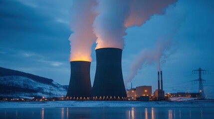 Industrial Power Plant with Cooling Towers and Steam Emissions Against a Twilight Sky
