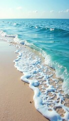 Gentle ocean waves caress the shore, with hues of blue blending into the white sand , shore, water