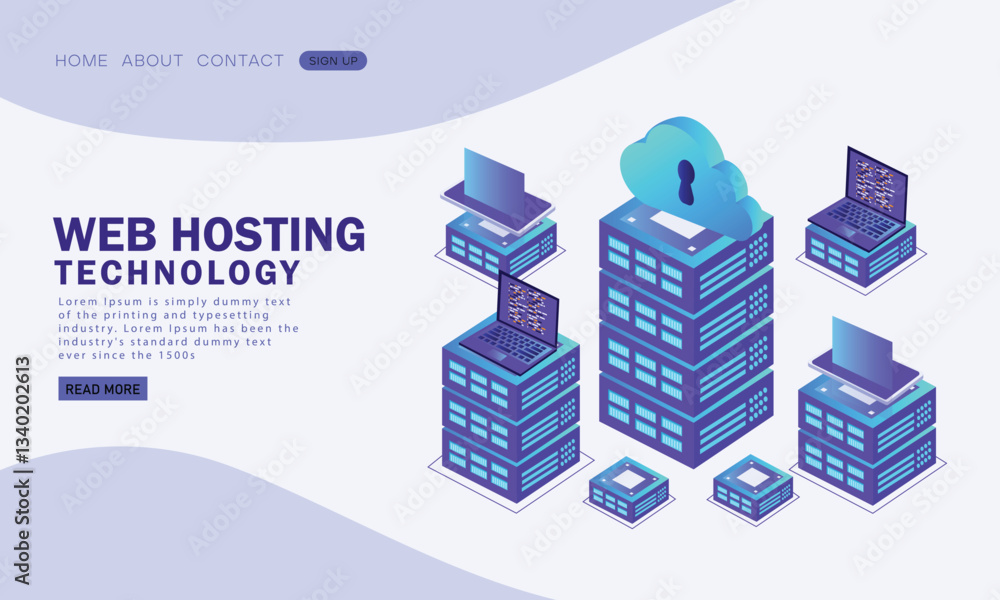 Poster hosting server isometric vector illustration. abstract 3d datacenter or data center room background