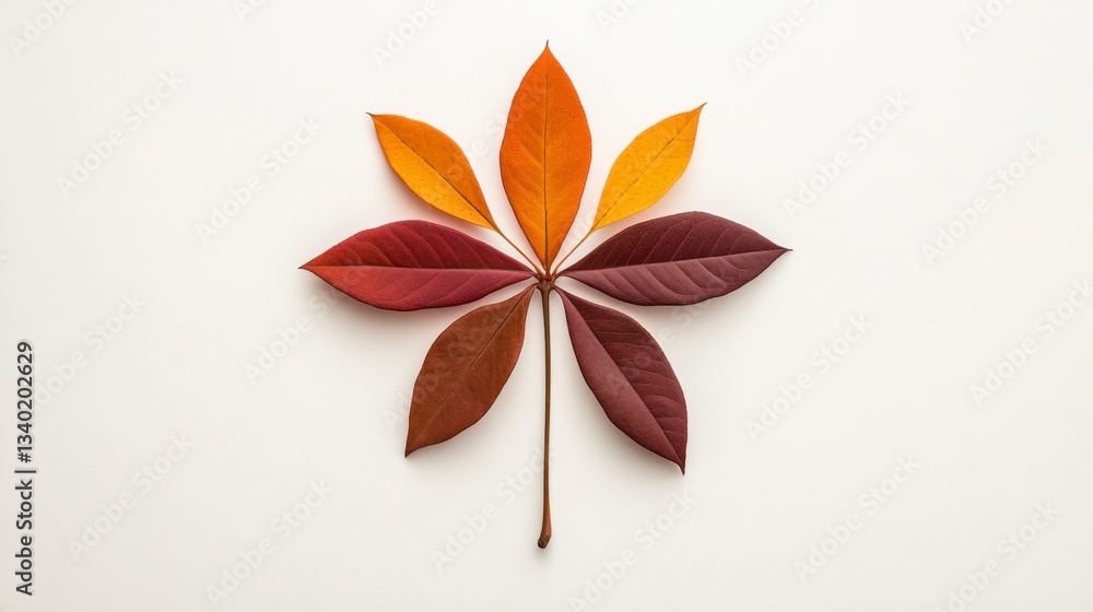Poster autumn leaves arranged in a starburst pattern on a white background. the leaves display a gradient o