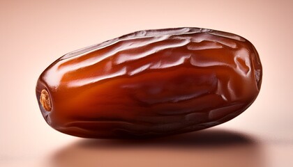 Obraz premium The Allure of Dates: A close-up shot of a single, plump date. revealing its rich, caramel-like hue and the intricate textures that define its appeal.