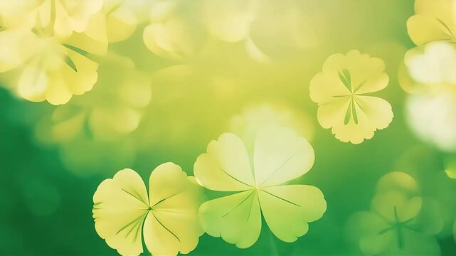 Green floral background animation with clover shapes falling and light effects.