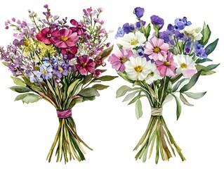 Fototapeta premium Watercolor Floral Bouquets Pink Purple White Flowers