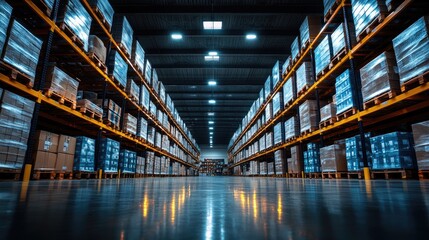Vast warehouse interior, full of stocked shelves