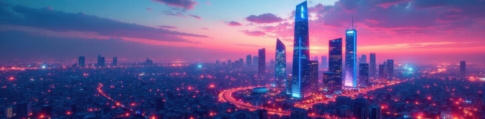 Fototapeta premium Futuristic cityscape with sleek skyscrapers and neon lights at dusk, night, neon