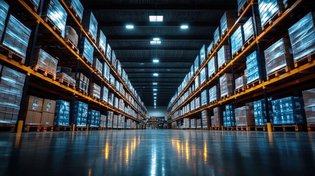 Vast warehouse interior, full of stocked shelves