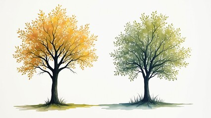 Two Watercolor Trees Autumn and Spring
