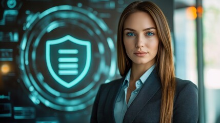 Confident Businesswoman with Cybersecurity Shield Hologram