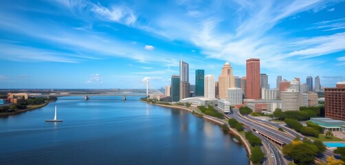 Fototapeta premium Brisbane cityscape, river, buildings, empty sky, copy space, Queensland, urban