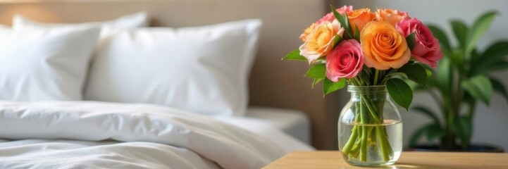 Fototapeta premium Fresh bouquet in a chic glass bottle adds a touch of elegance to the bedside table, interior, stylish, beige