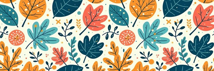 Playful seamless pattern featuring adorable doodle leaves in vibrant colors, seamless, cute