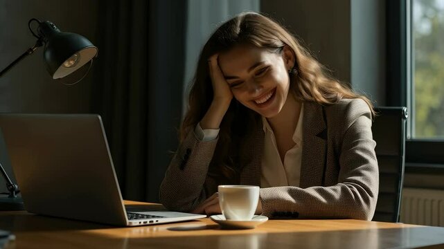 Tired businesswoman suddenly feeling happy as she recalls a fond memory of her partner.
