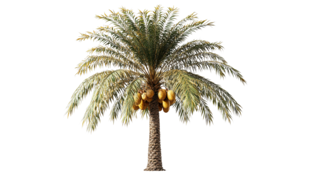 Isolated date palm tree with ripe fruits on transparent background