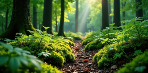 Fototapeta premium Forest floor carpeted with moss and ferns, with sunlight filtering through leaves , undergrowth, organic, nature
