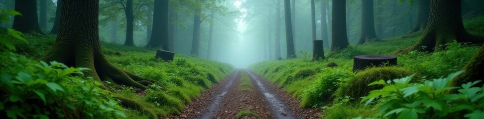 Foggy forest path lined with old wooden stumps and ferns, retro style, foggy forest, vintage aesthetic