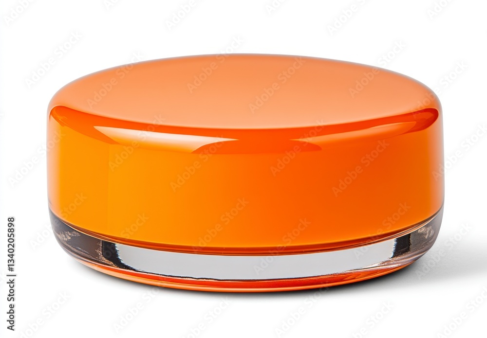 Poster bright orange cylindrical container with a glossy finish and a clear glass base, isolated on a white