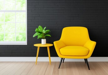 Bright yellow armchair and small side table with a plant in a modern room with a dark brick wall and a window. Clean lines, minimalist design.