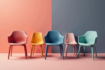 Set of sleek minimalist chairs in various styles and colors, decoration, collection