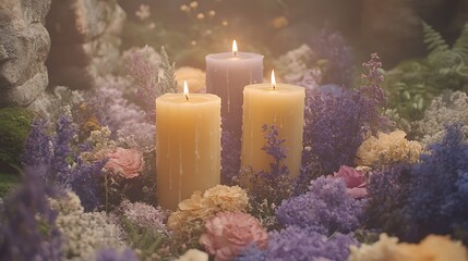 Three lit candles surrounded by flowers.