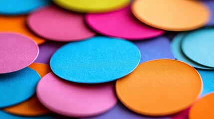 Colorful vibrant circles in pink, orange, blue, purple, yellow and other colors. Close up view of textured round shapes.