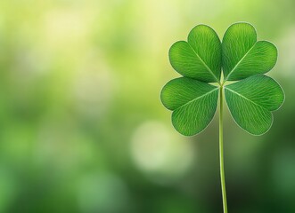 Close up of a vibrant green four leaf clover against a softly blurred green background. The clover is in sharp focus, showcasing its detailed leaf structure.