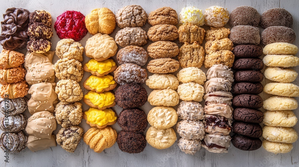 Poster assortment of colorful cookies arranged in rows on a light gray background. variety of shapes, textu