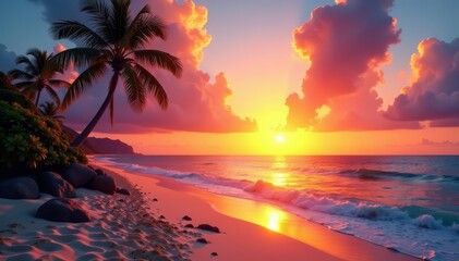 Stunning sunset over calm ocean, sandy beach with palm trees, sunset, ocean