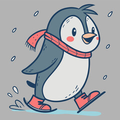 Cute penguin skating joyfully on a snowy surface during winter fun activities