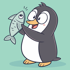 Obraz premium Penguin excitedly holds a fish with joy in a playful cartoon style